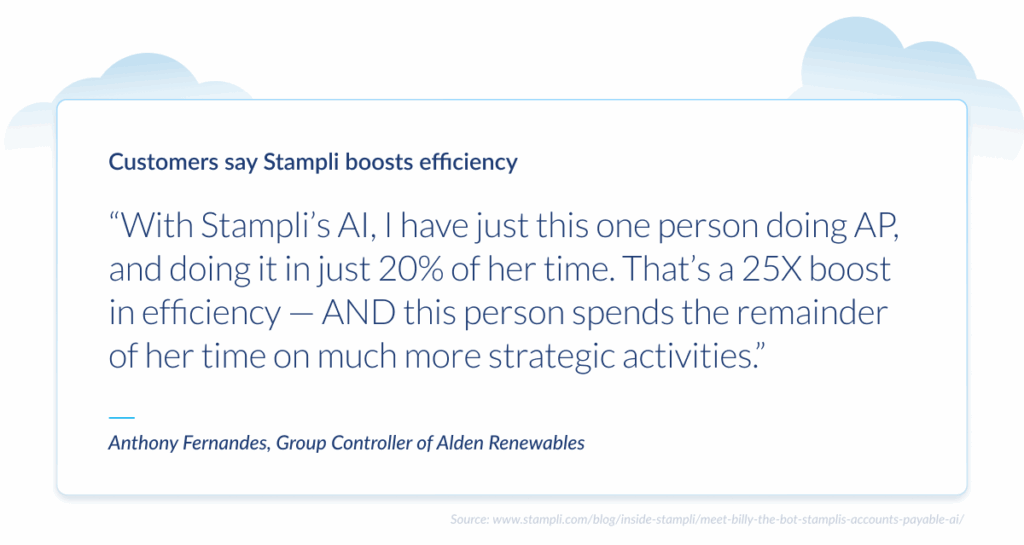 Customer testimonial from Anthony Fernandes at Alden Renewables highlighting how Stampli's AI reduced one person's AP workload to 20% of their time, creating a 25X efficiency boost for strategic work.