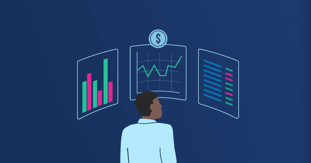 a man looking at three different graphs or reports: a bar graph, line graph, and progress repor