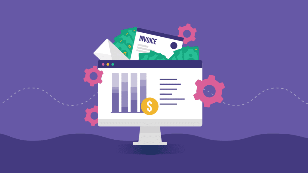 computer monitor with a bar graph and money sign surrounded by gears, dollars, and invoices