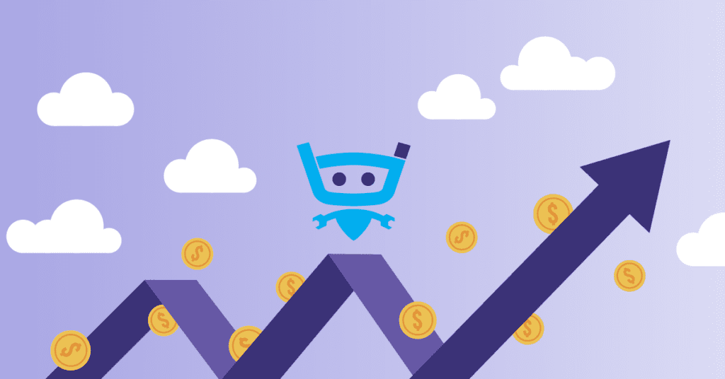 Billy the Bot hovering over a tracking arrow surrounded by clouds and coins