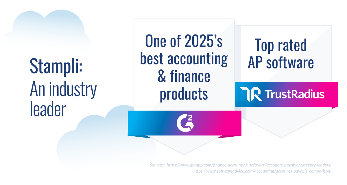 Stampli industry recognition showing 2025 best accounting & finance product award from G2 and top-rated AP software recognition from TrustRadius.