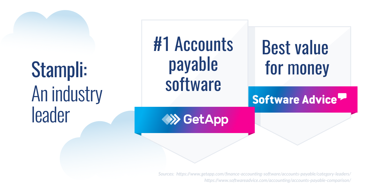 Stampli recognition badges highlighting industry leadership status, #1 ranking for accounts payable software, and best value award from Software Advice and GetApp.