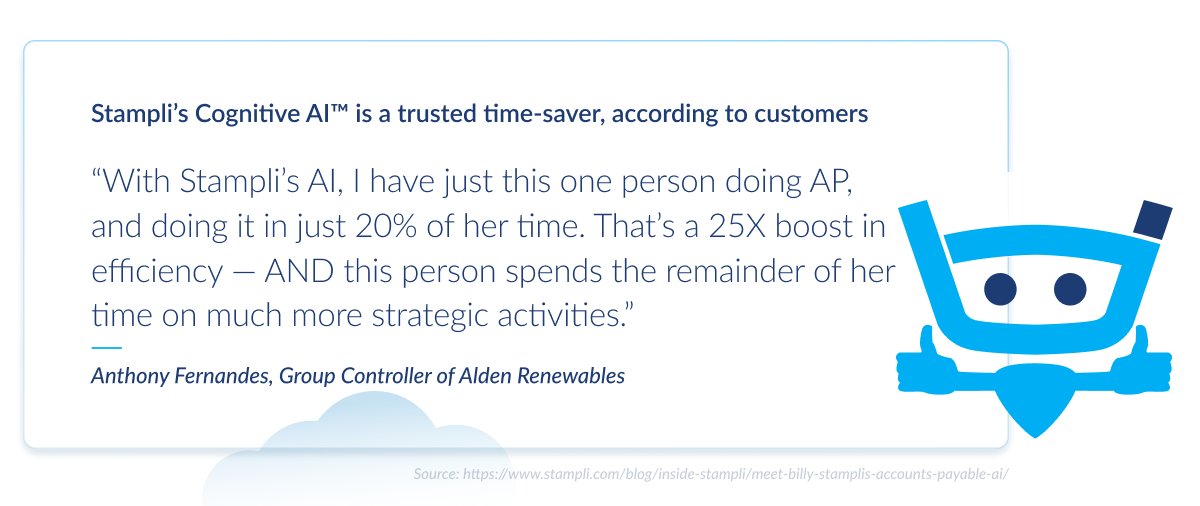 Customer testimonial graphic showing Anthony Fernandes of Alden Renewables praising Stampli’s AI for boosting AP efficiency by 25X.