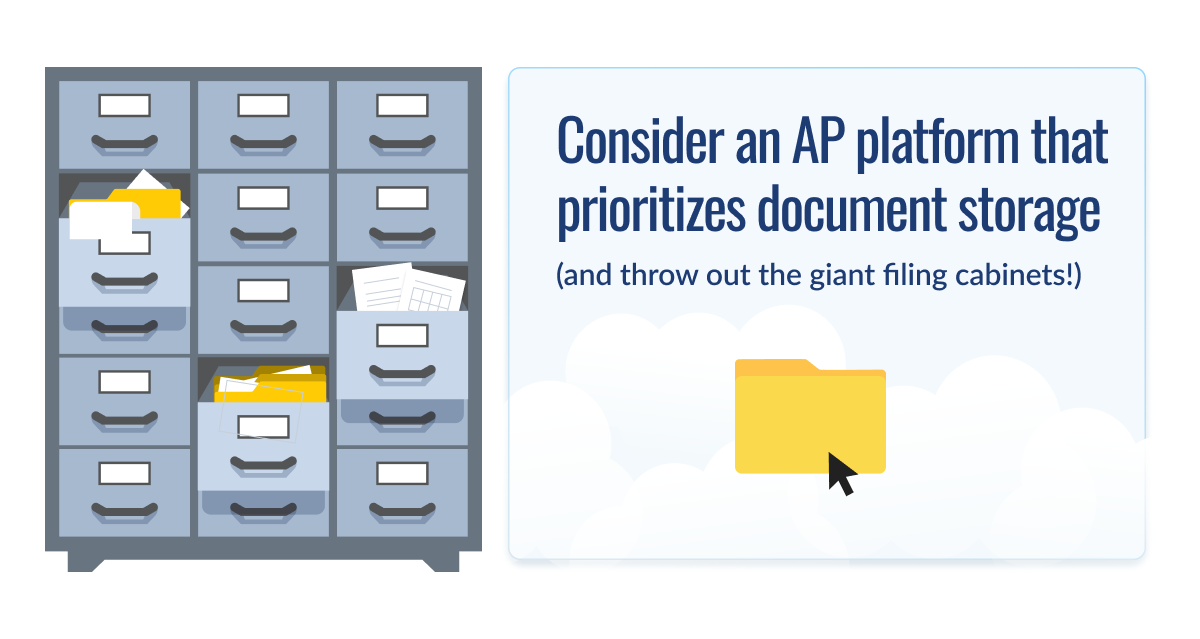 Filing cabinet with scattered documents versus digital folder icon, promoting AP platforms with digital document storage over physical filing systems.