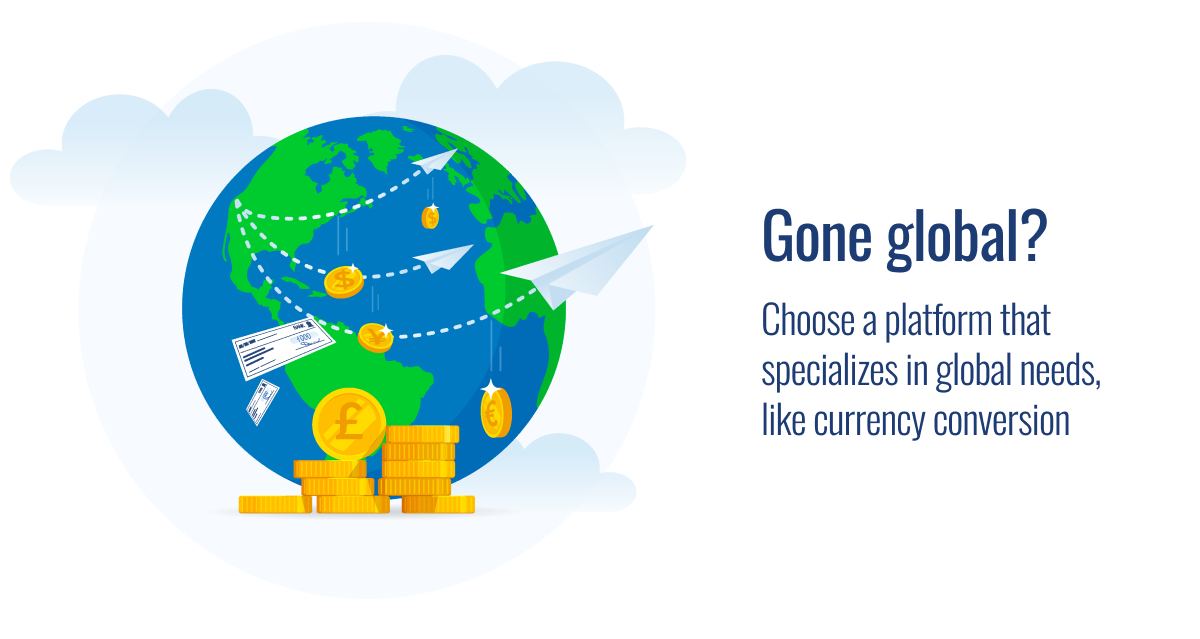Globe with airplanes, money symbols, and dotted flight paths illustrating global business platform needs like currency conversion for international operations.