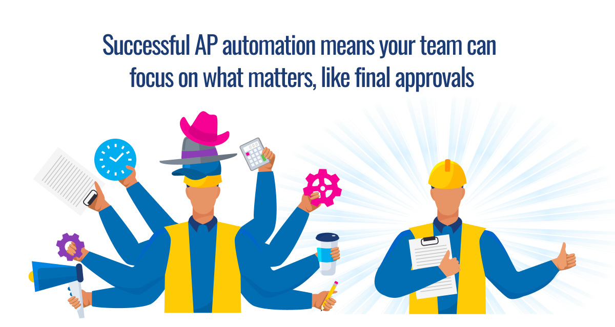 Overwhelmed worker juggling multiple tasks and tools contrasted with focused worker holding single document, illustrating AP automation benefits for team efficiency.