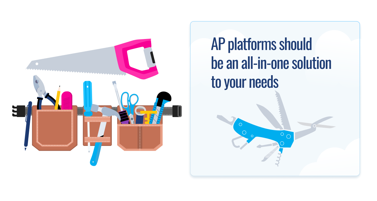Tool belt with multiple scattered tools versus single multi-tool, illustrating how AP platforms should provide comprehensive all-in-one solutions rather than separate tools.RetryClaude can make mistakes. Please double-check responses.