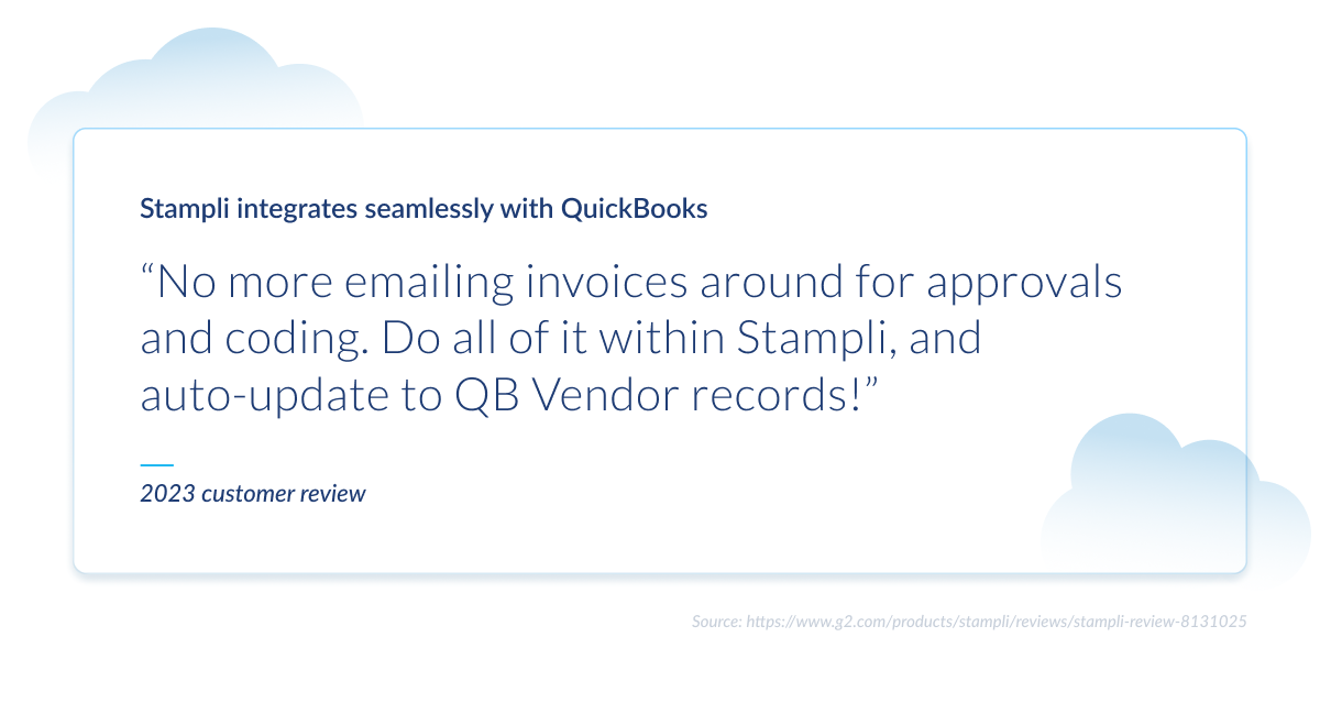Customer testimonial card with cloud graphics highlighting Stampli's QuickBooks integration benefits, labeled as 2023 customer review