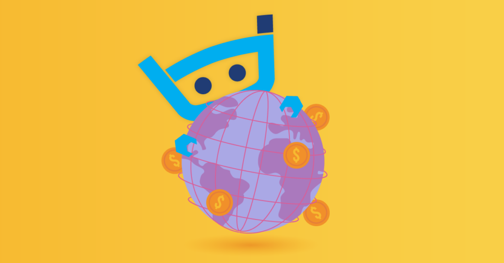 Billy the Bot holding a purple globe showing latitude and longitude and coins sprinkled around different countries
