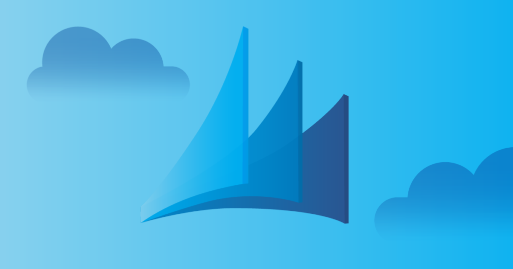 Microsoft Dynamics GP logo in shades of blue with a sky and cloud backdrop