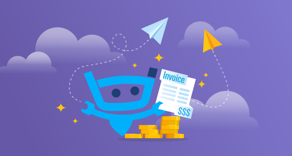 Billy the Bot holding an invoice, floating next to a pile of coins with little paper airplanes falling around