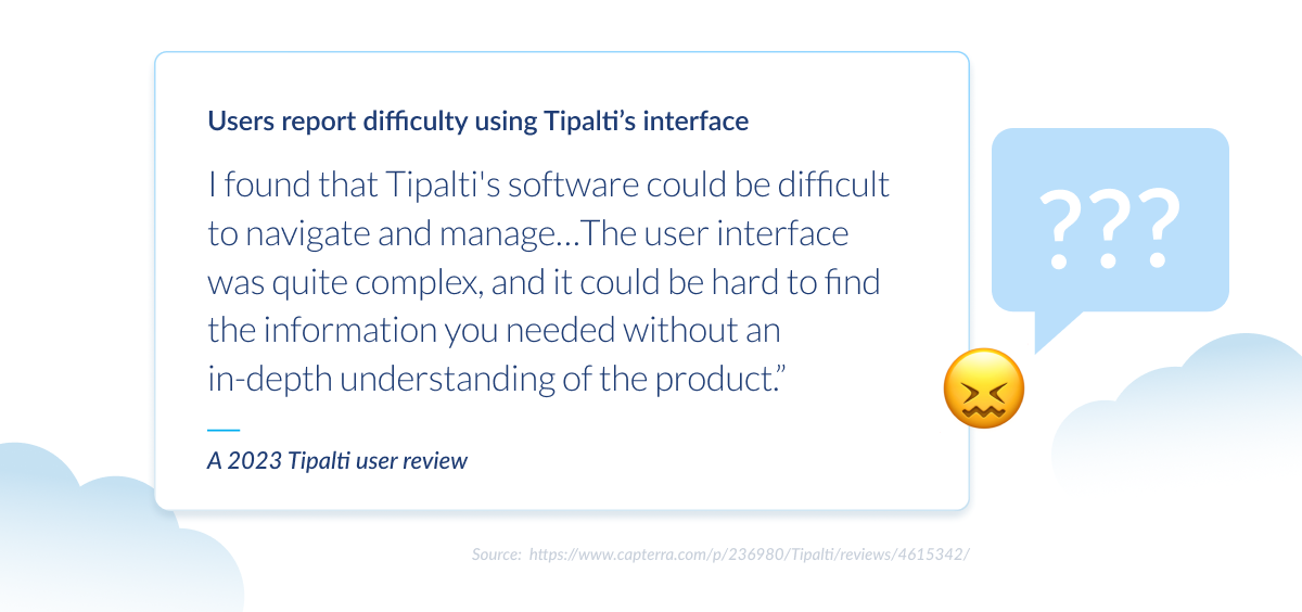 Graphic showing a 2023 Tipalti user review quoting that Tipalti’s software is difficult to navigate and manage due to its complex interface, with an angry emoji and question marks representing user frustration.