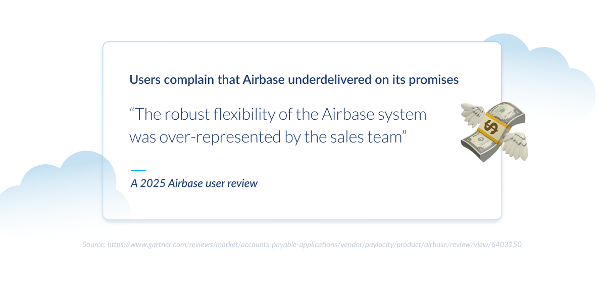 Quote graphic featuring a 2025 Airbase user review claiming the platform’s flexibility was overstated by the sales team.