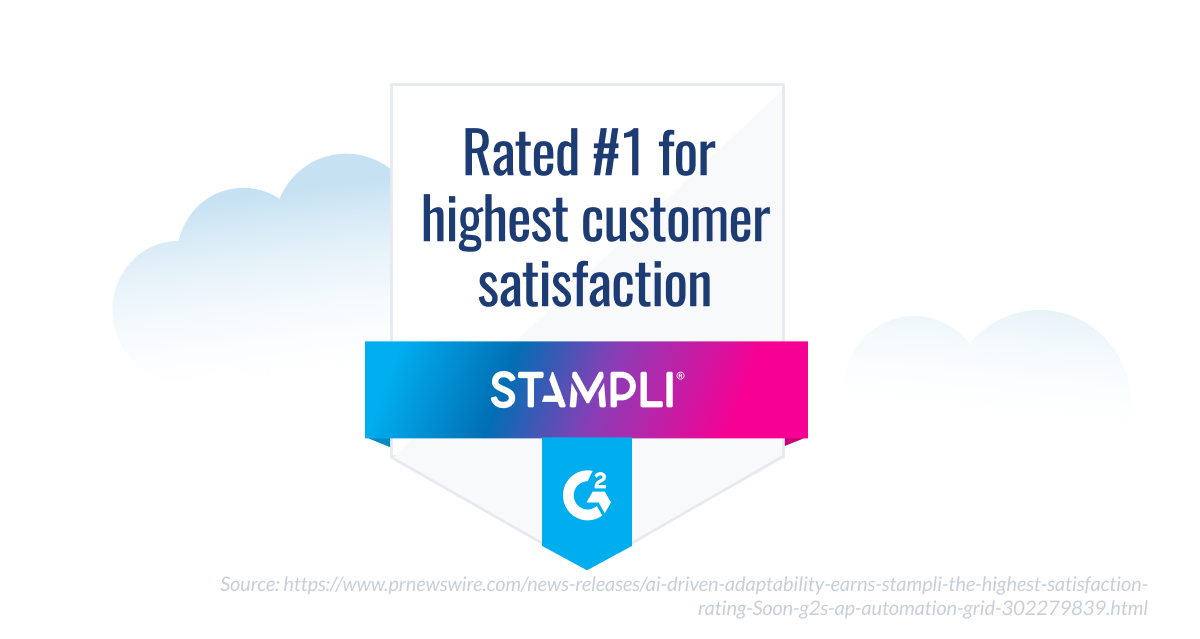 Graphic showing Stampli rated #1 for highest customer satisfaction by G2, with a blue and pink banner and cloud background.