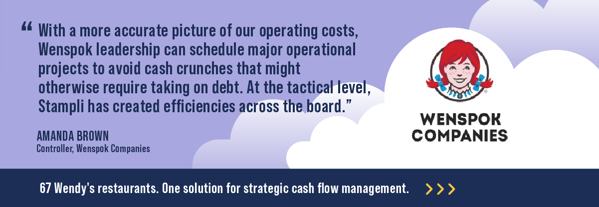 Quote: "With a more accurate picture of our operating costs, Wenspok leadership can schedule major operational projects to avoid cash crunches that might otherwise require taking on debt. At the tactical level, Stampli has created efficiencies across the board." - Amanda Brown, Controller, Wenspok Companies
Click the link to learn more about Stampli and strategic cash flow management for 67 of Wendy's restaurants.