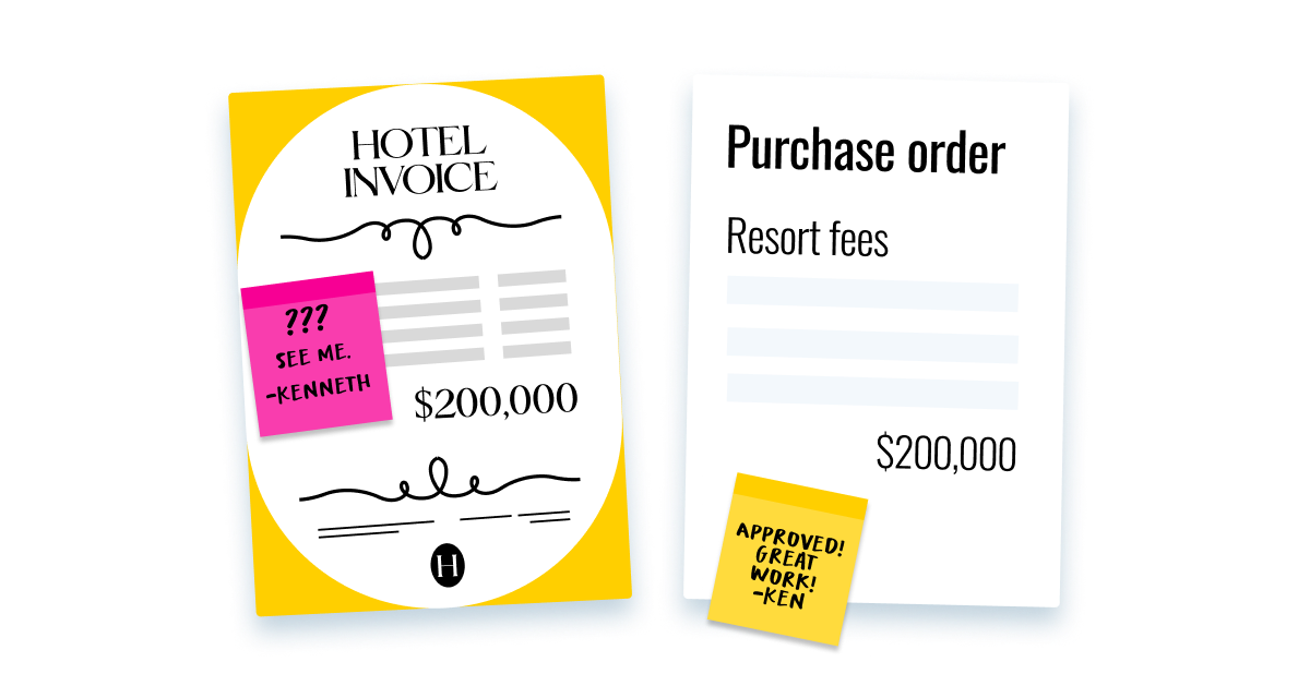 Illustration of hotel invoice and purchase order for $200,000 with sticky notes from Kenneth showing questionable approval process CopyRetry