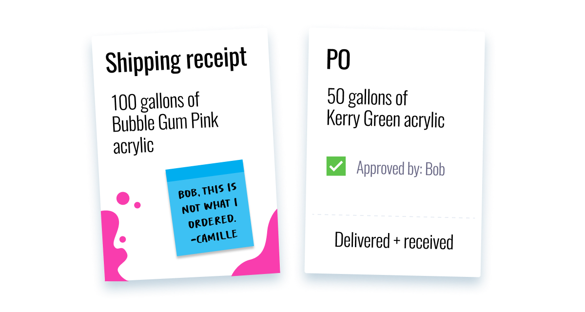 Mismatched paint order showing delivered pink acrylic versus green acrylic purchase order