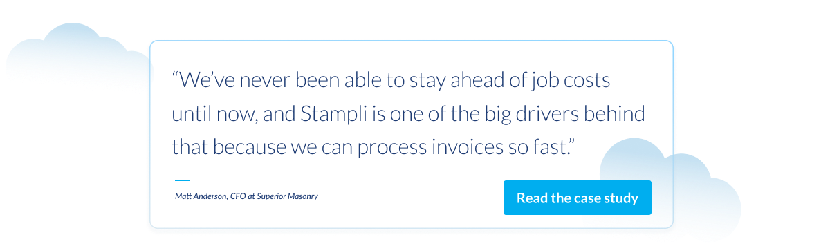 Testimonial quote from Matt Anderson, CFO at Superior Masonry, praising Stampli for faster invoice processing with "Read the case study" button.