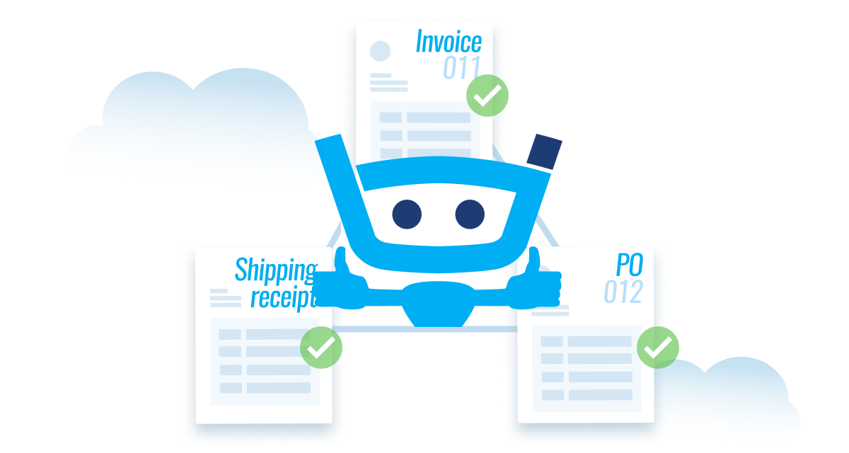 Friendly robot mascot giving thumbs up between verified documents: invoice, shipping receipt, and purchase order with green checkmarks