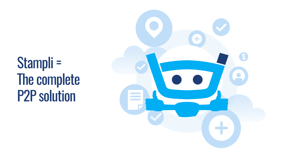 Stampli robot mascot surrounded by floating icons representing P2P solution features including location pins, checkmarks, documents, dollar signs, and process indicators.