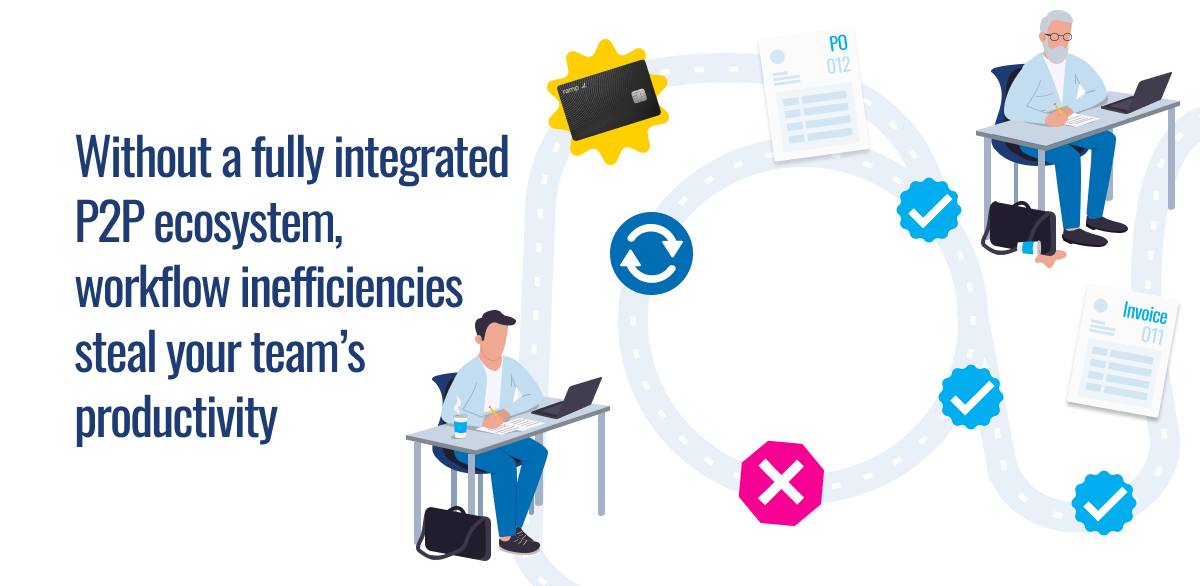 Illustration showing workflow inefficiencies with disconnected P2P systems, featuring two workers, documents, and workflow icons.