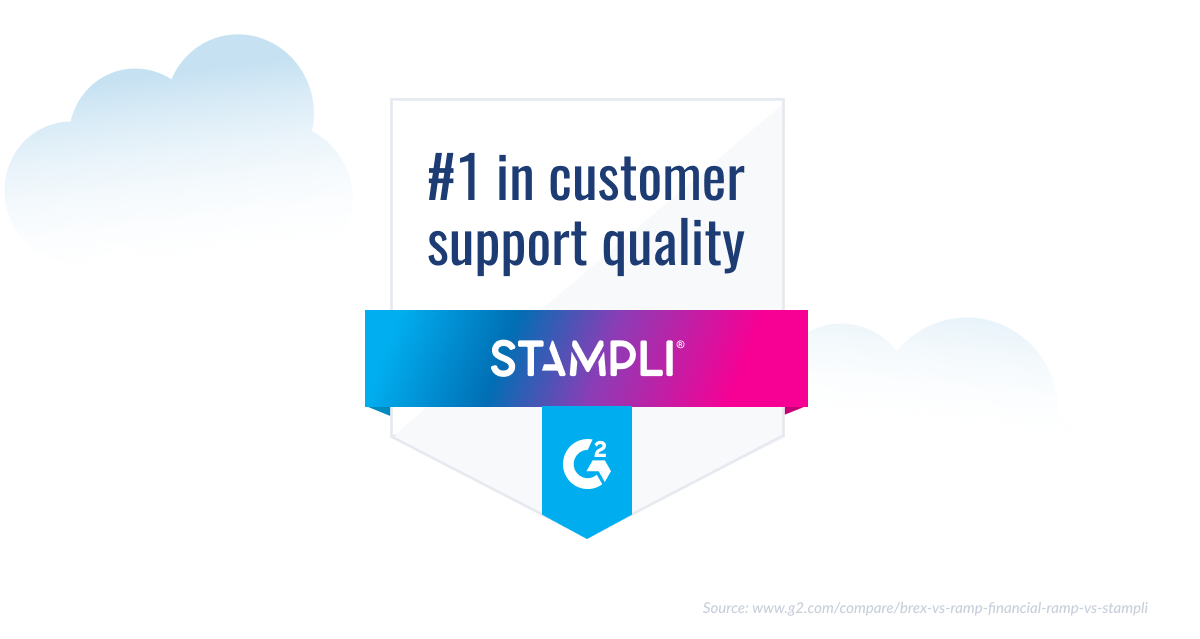 Stampli award badge highlighting number one ranking in customer support quality with branded ribbon design in blue and pink colors.