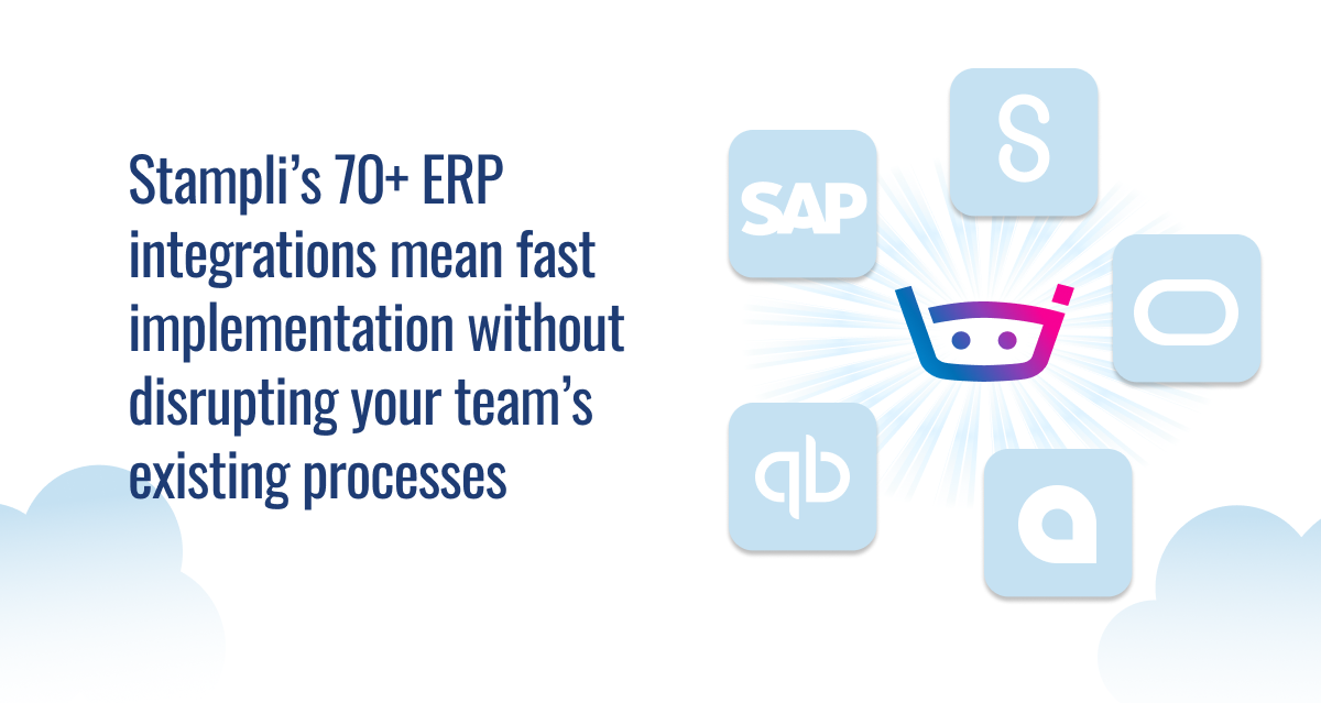 Stampli integration graphic showing their logo connecting to various ERP system icons including SAP, QuickBooks, and others, highlighting 70+ integrations for seamless implementation
