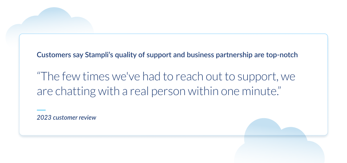 Customer review highlighting Stampil’s fast and high-quality support, with responses under one minute.