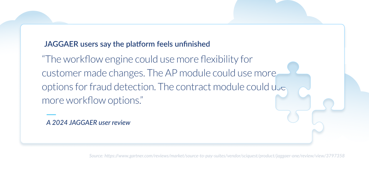 JAGGAER review card with puzzle piece design, quoting user feedback that modules need more flexibility, fraud detection, and workflow options.