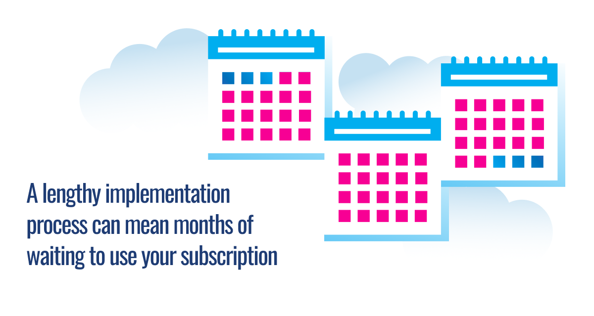 Graphic showing multiple calendars with highlighted dates, illustrating how lengthy software implementation processes can delay subscription utilization for months.