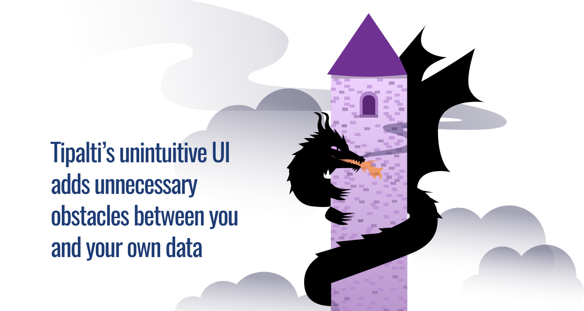 Illustration of a dragon blocking the entrance to a purple tower, symbolizing Tipalti’s unintuitive UI creating obstacles to data access.