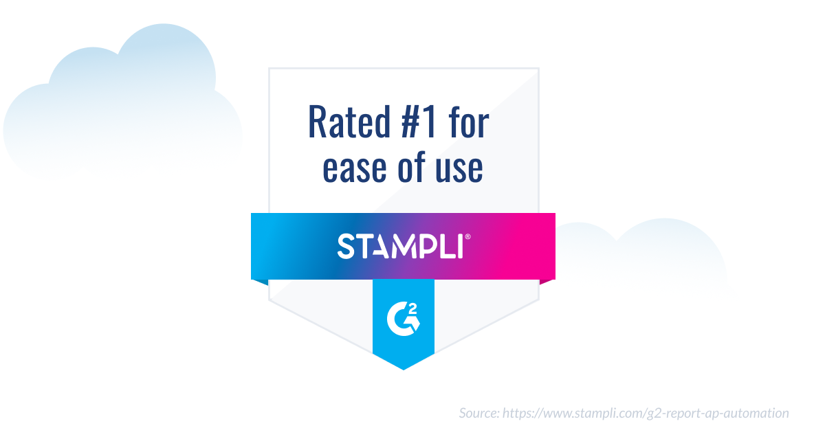 Badge graphic with clouds showing “Rated #1 for ease of use” above a ribbon that says Stampli and a G2 logo.