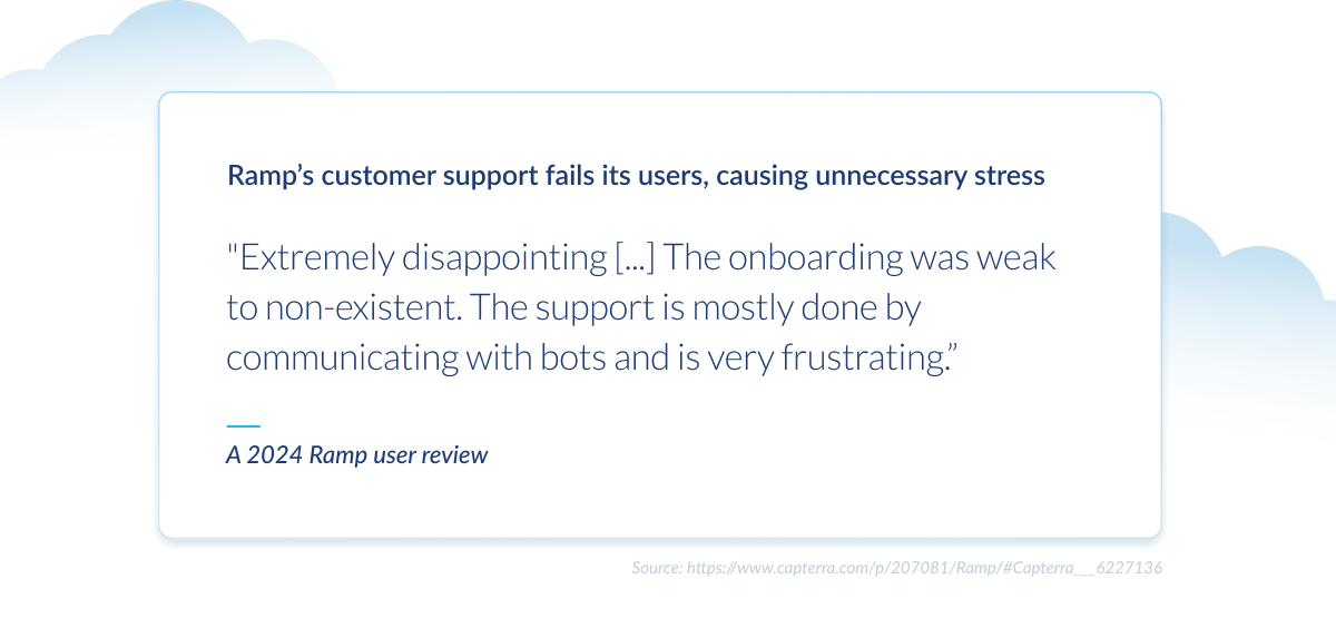Quote graphic with Ramp user review text: onboarding was weak or absent, support relies on bots, leaving users frustrated