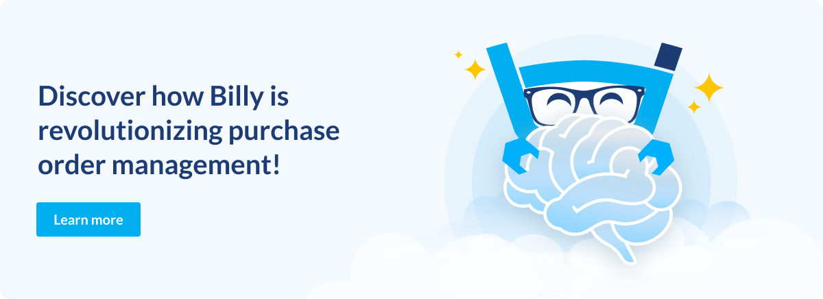 Billy holding a brain with text about revolutionizing purchase order management and a Learn more button.