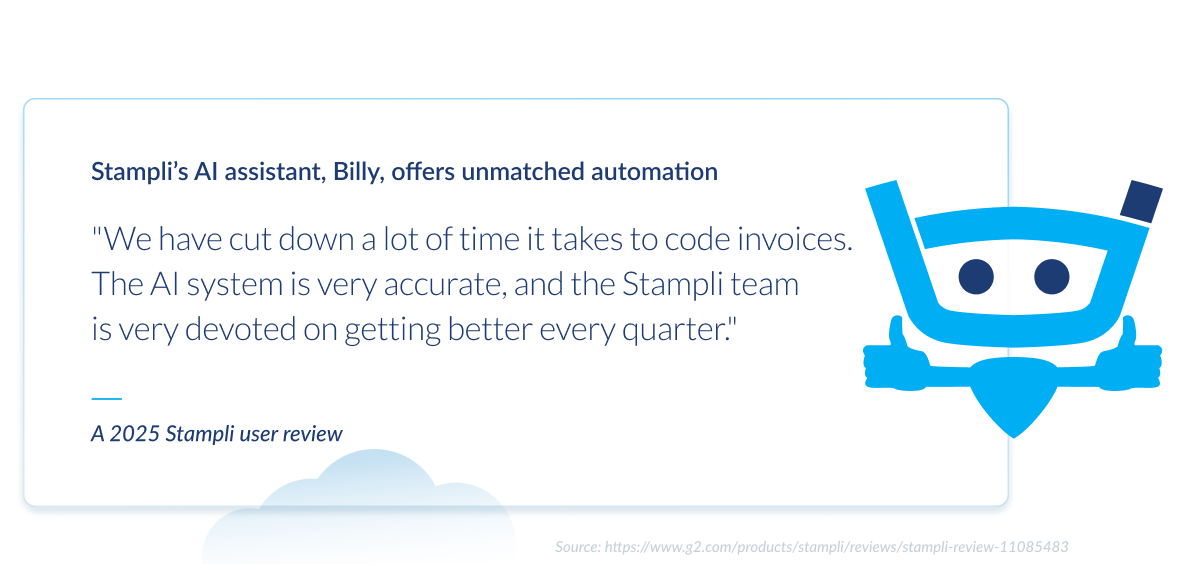 Quote graphic with Stampli user review highlighting AI assistant Billy for speeding invoice coding, accuracy, and continuous improvements