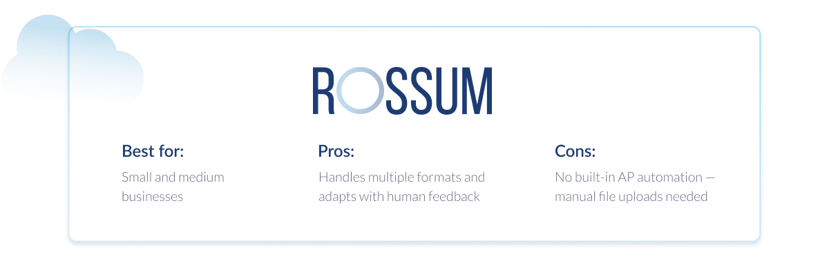 Product card: Rossum overview for SMBs, featuring adaptive document handling capabilities