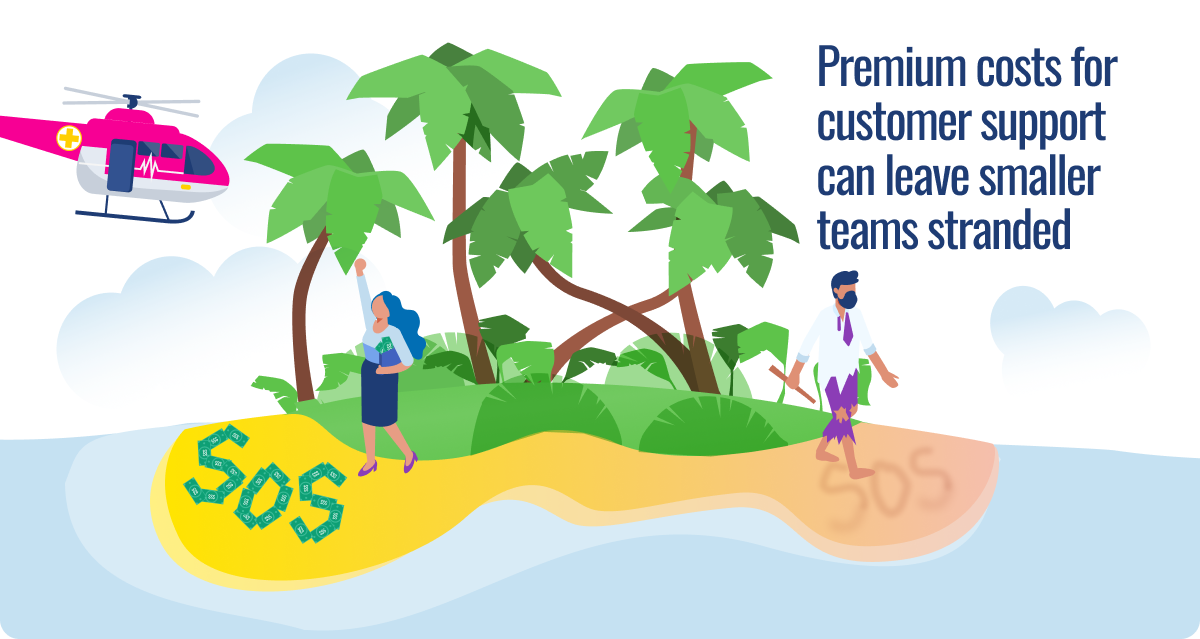 Woman signaling for help on desert island with SOS in sand as medical helicopter approaches, illustrating customer support cost challenges.