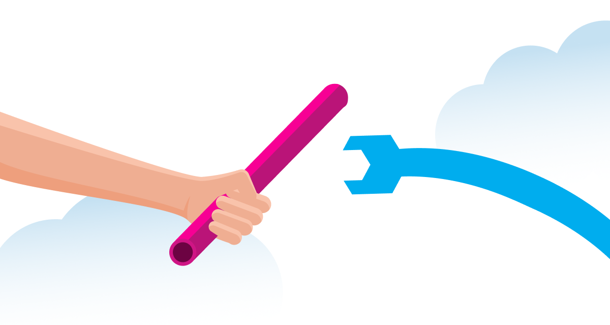 Illustration of a hand passing a magenta baton to a blue wrench-shaped figure, symbolizing a handoff or transition