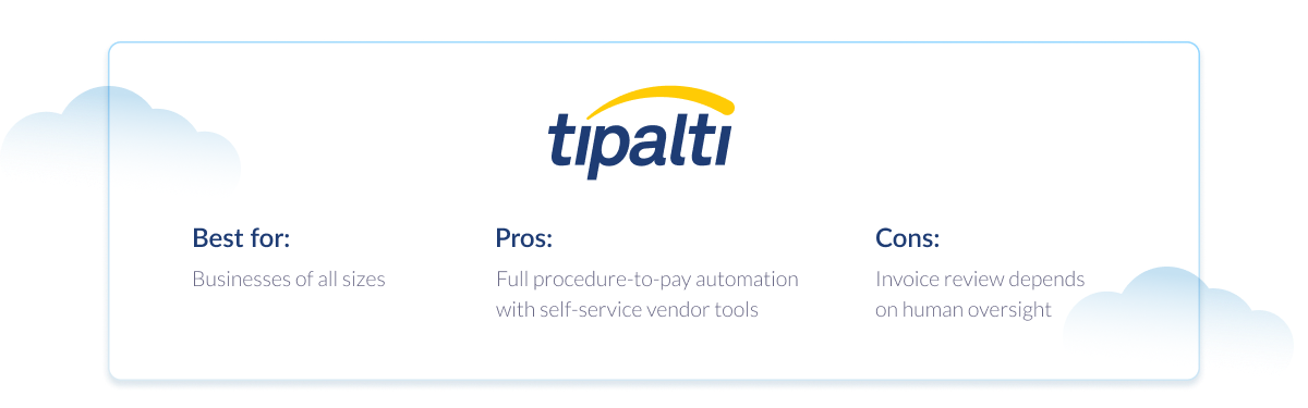 Product card: Tipalti overview for businesses of all sizes, but requiring human oversight