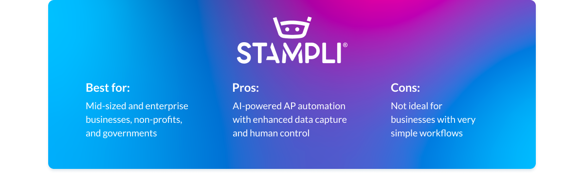 Product card: Stampli overview for mid-to-enterprise businesses, featuring AI-powered AP automation
