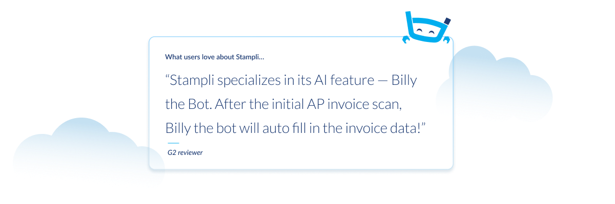Customer testimonial card featuring Billy the Bot icon and a quote praising Stampli's AI-powered invoice automation