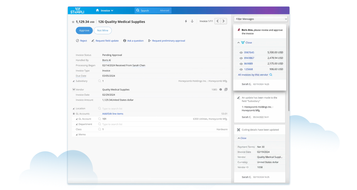 Screenshot of Stampli invoice interface showing invoice details for Quality Medical Supplies with approval options, comments, and payment history.