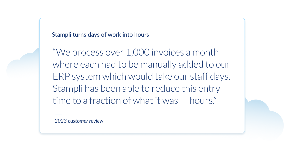 Quote graphic showing a 2023 customer review praising Stampli for cutting invoice entry time from days to hours for over 1,000 monthly invoices.