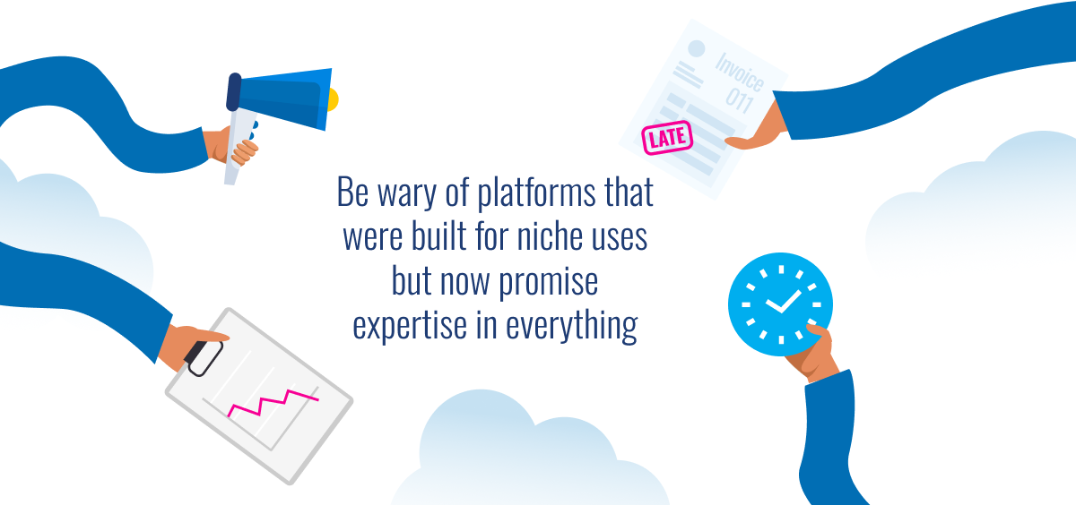 Illustration with hands holding a megaphone, invoice, clock, and chart surrounding text warning against overextended platforms.