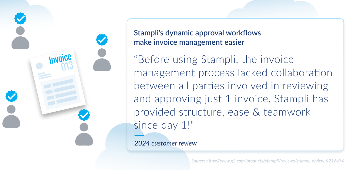 Quote graphic showing a 2024 customer review highlighting Stampli’s workflows for improving collaboration, structure, and teamwork in invoice approvals.
