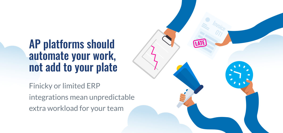 Illustration of hands holding a clipboard, overdue invoice, megaphone, and clock beside text about AP platforms adding extra workload.