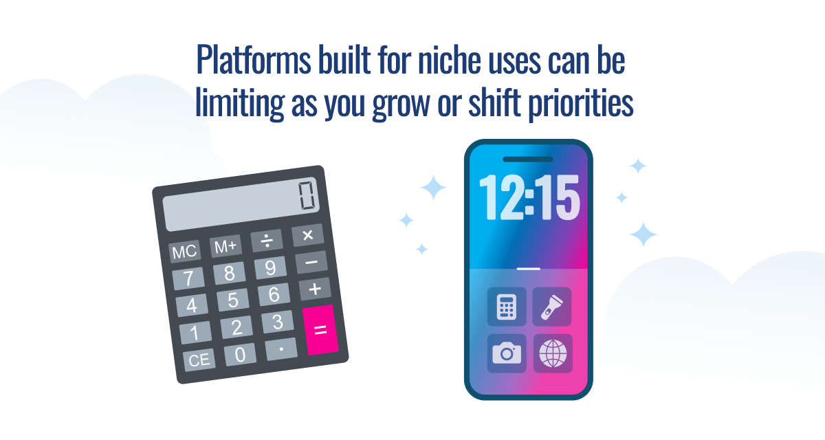 Illustration showing calculator and smartphone with text warning that platforms built for niche uses can limit growth and priority changes.