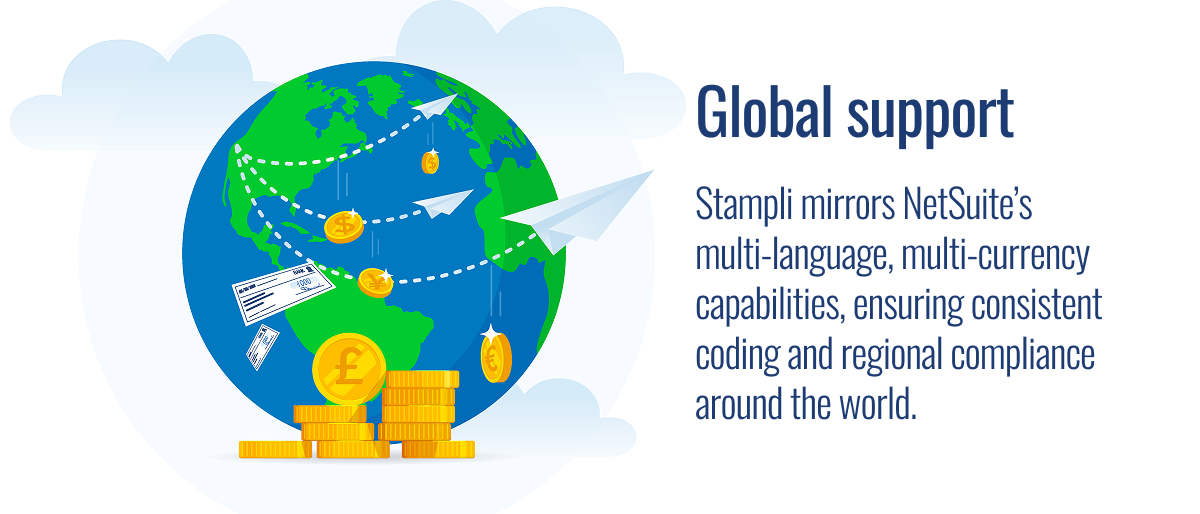 Illustration of global support showing a world map with currency symbols and paper planes, highlighting Stampli’s multi-language and multi-currency compatibility