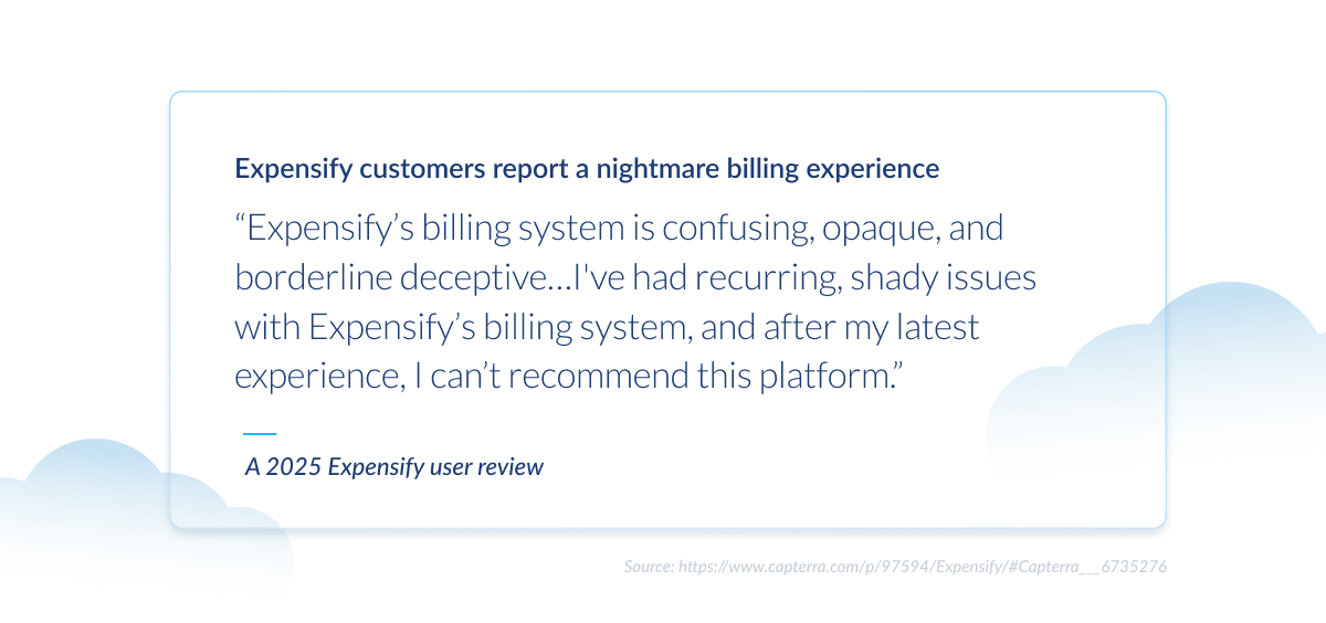 Quote graphic showing a 2025 Expensify user review criticizing the billing system as confusing, opaque, and deceptive, calling it a poor experience.