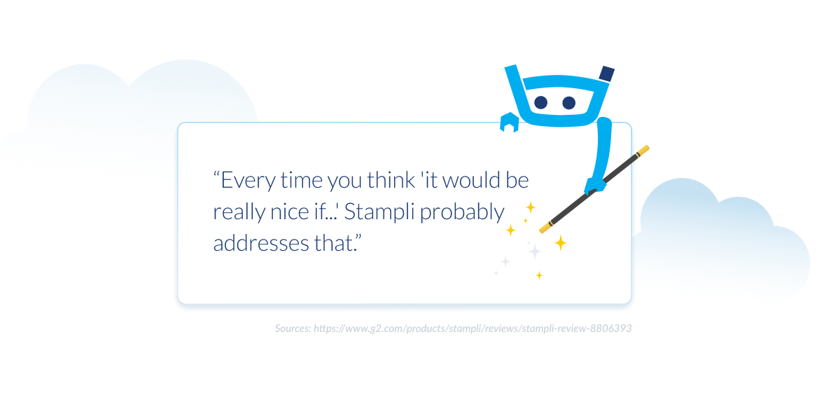 Customer quote praising Stampli’s helpful features, shown with Billy holding a magic wand.